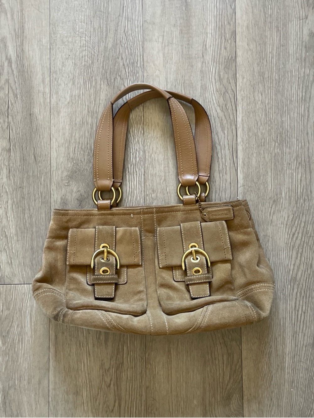 Coach Suede Shoulder Bag in Tan with Gold Hardware